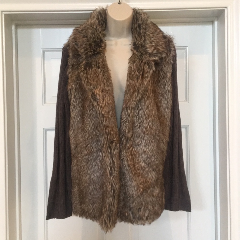 Joseph A faux fur knit Cardigan Sweater Coat Med